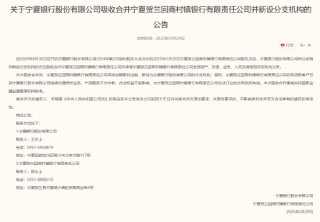 宁夏银行：吸收合并宁夏贺兰回商村镇银行并新设分支机构