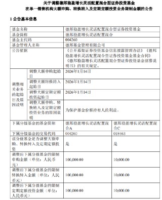 德邦稳盈增长灵活配置进一步调降单渠道大额申购至：10 万元、1 万元