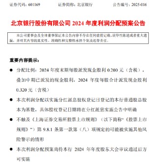 北京银行：2024年度末期每股派发现金股利0.200元（含税）
