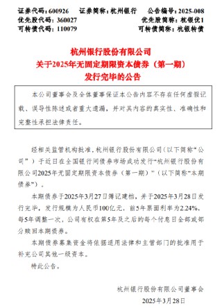 杭州银行：100亿元无固定期限资本债券发行完毕