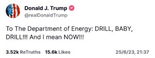 特朗普在社交媒体发文称要“压低油价”并呼吁“钻啊，宝贝，钻啊”
