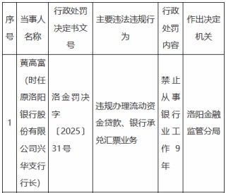 违规办理流动资金贷款、银行承兑汇票业务，原洛阳银行兴华支行行长被禁业9年