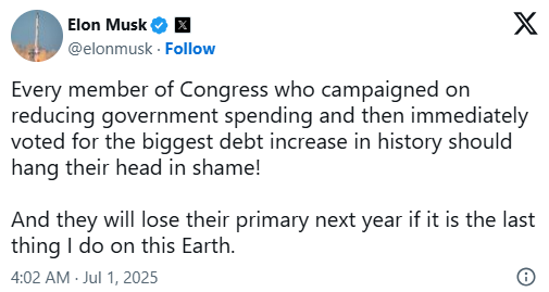 马斯克将特朗普的税收法案斥为 “债务奴役”，并誓言罢免支持该法案的共和党人  第2张