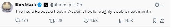 马斯克称下个月奥斯汀的机器人出租车数量将增加约一倍  第1张