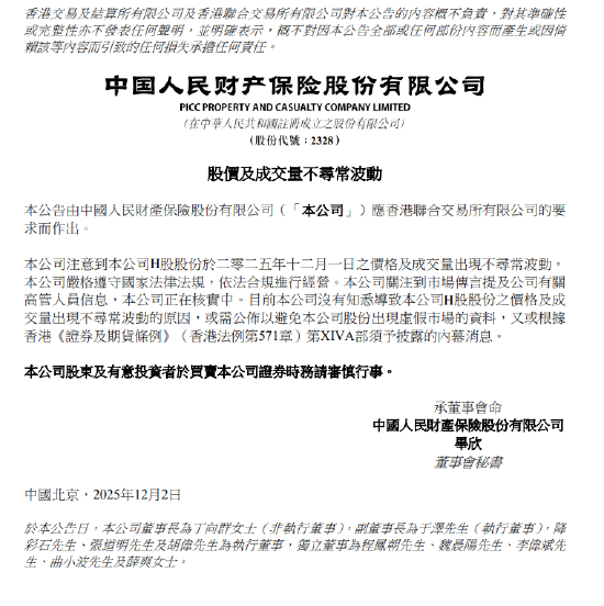 中国财险：12月1日股价及成交量异常波动 暂未查明原因  第1张