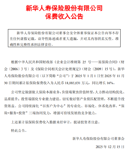 新华保险：前11月累计原保险保费收入为1188.5亿元，同比增长16%  第1张