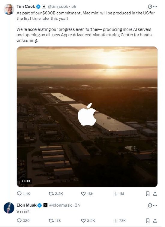 苹果CEO库克宣布Mac mini首次在美国生产,马斯克点赞 第1张 苹果CEO库克宣布Mac mini首次在美国生产,马斯克点赞 第1张