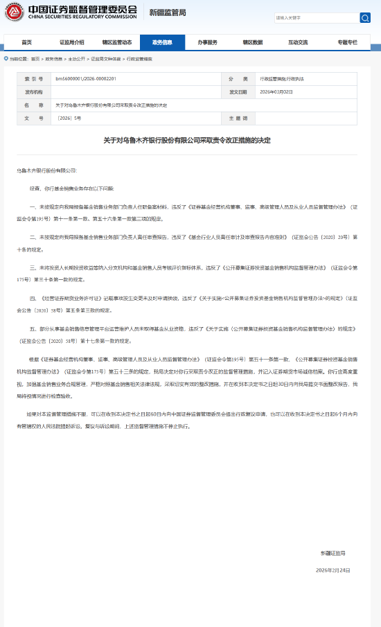 新疆证监局对乌鲁木齐银行采取责令改正措施：基金销售业务存在多项违规问题  第1张